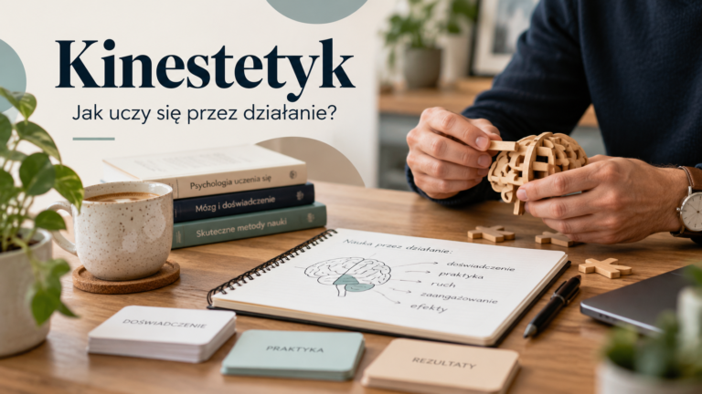Kinestetyk – nauka przez działanie i doświadczenie. Dorosły mężczyzna układa drewniany model, wykorzystując praktyczne ćwiczenia do poznawania nowych zagadnień.