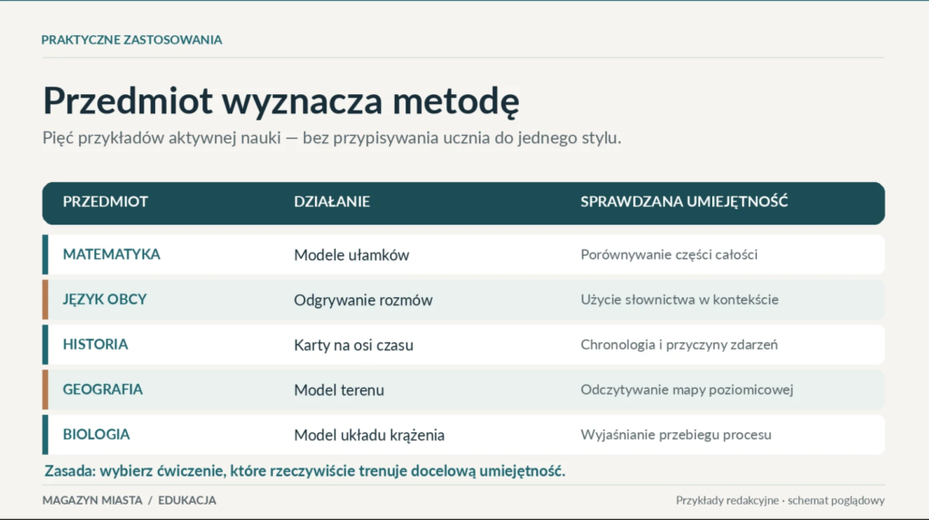 Tabela pięciu przykładów nauki przez działanie: matematyka, język obcy, historia, geografia i biologia, z podaniem ćwiczonych umiejętności.
