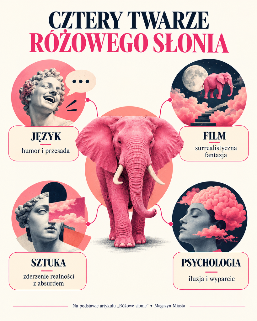 różowy słoń w różnych dziedzinach sztuki