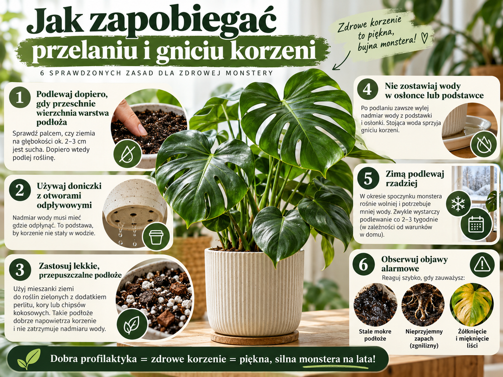 jak zapobiegać przelaniu i gniciu korzeni monstery